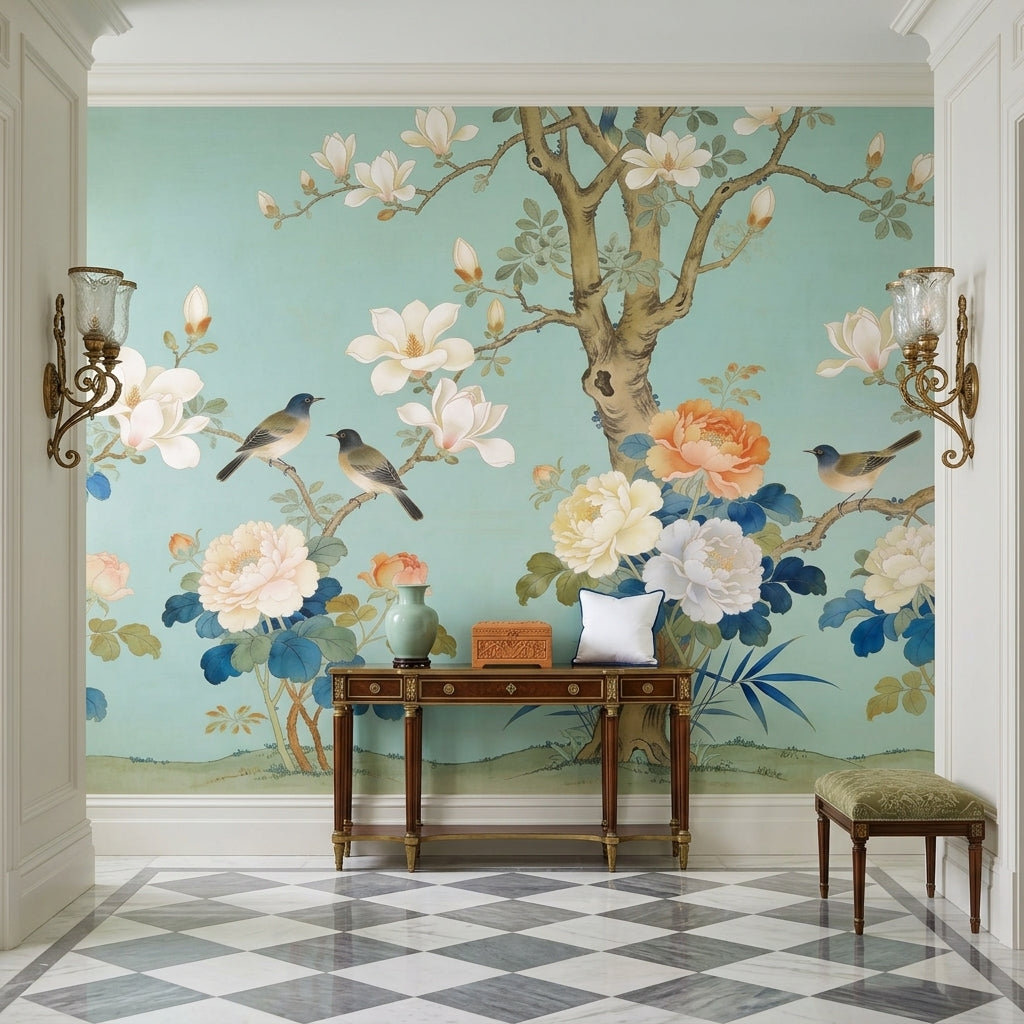 Vintage Seafoam Chinoiserie Floral Bird Wallpaper Mural – lifestyle view, Golden Era Walls