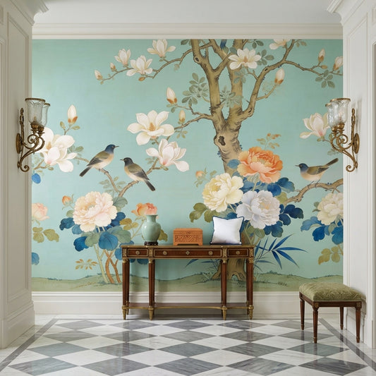 Vintage Seafoam Chinoiserie Floral Bird Wallpaper Mural – lifestyle view, Golden Era Walls
