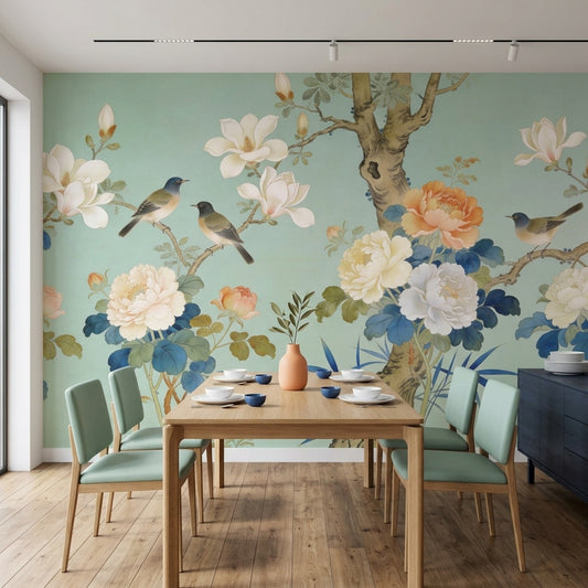 Vintage Seafoam Chinoiserie Floral Bird Wallpaper Mural – detail view, Golden Era Walls