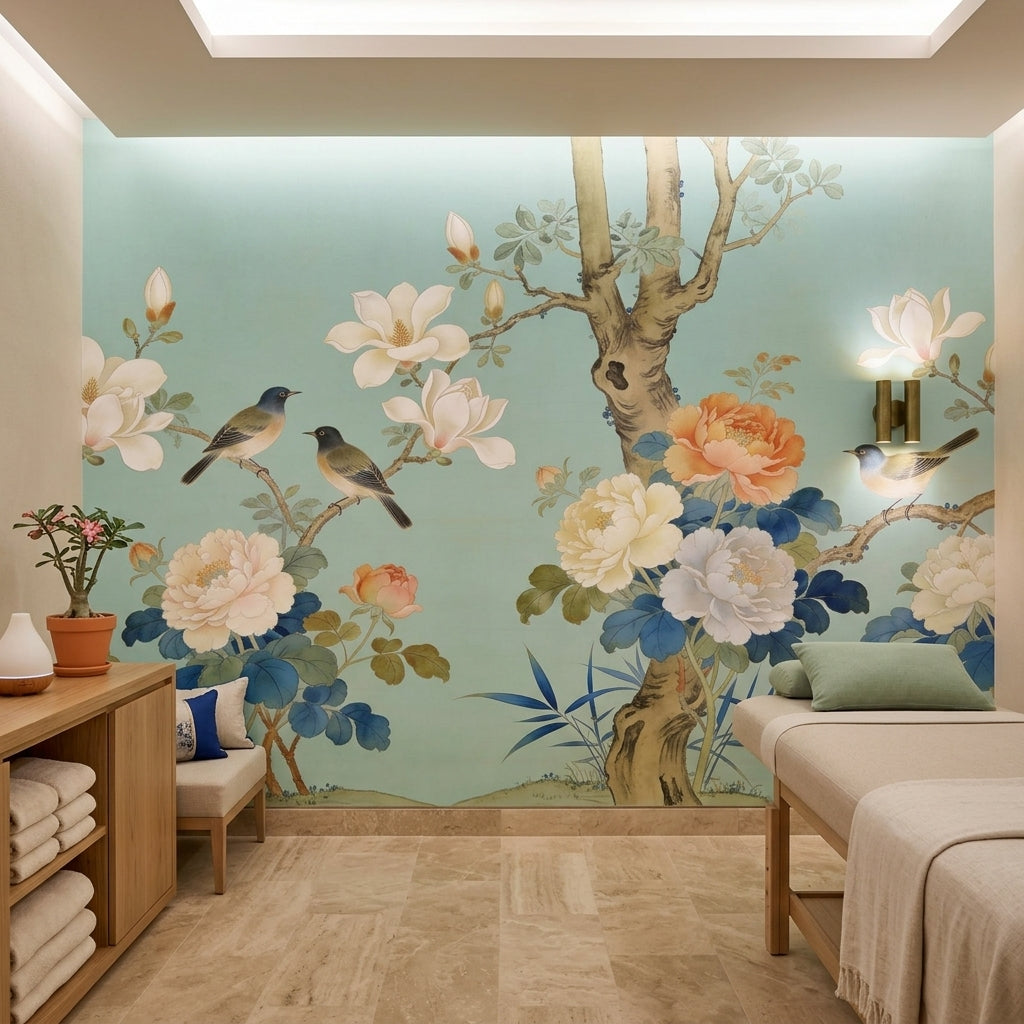 Vintage Seafoam Chinoiserie Floral Bird Wallpaper Mural – scale reference, Golden Era Walls
