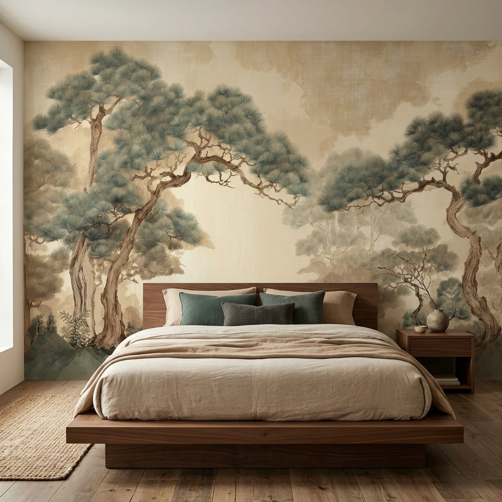 Vintage Japanese Pine Tree Removable Wallpaper Sepia Chinoiserie Landscape – alternate view, Golden Era Walls