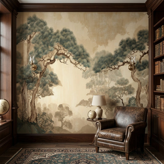 Vintage Japanese Pine Landscape Mural Neutral Chinoiserie Tree – peel and stick wallpaper mural, Golden Era Walls