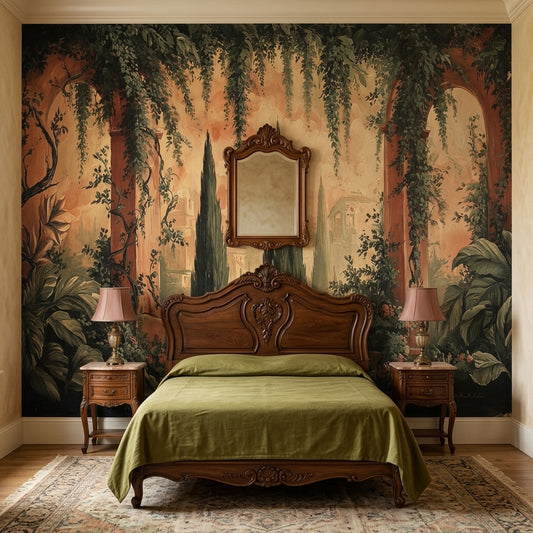 Vintage Tuscan Landscape Peel and Stick Wallpaper – room setting, Golden Era Walls