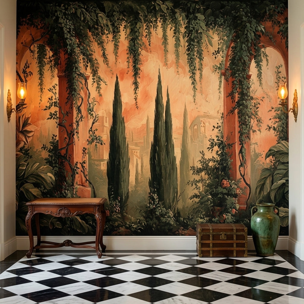 Vintage Tuscan Landscape Peel and Stick Wallpaper – lifestyle view, Golden Era Walls