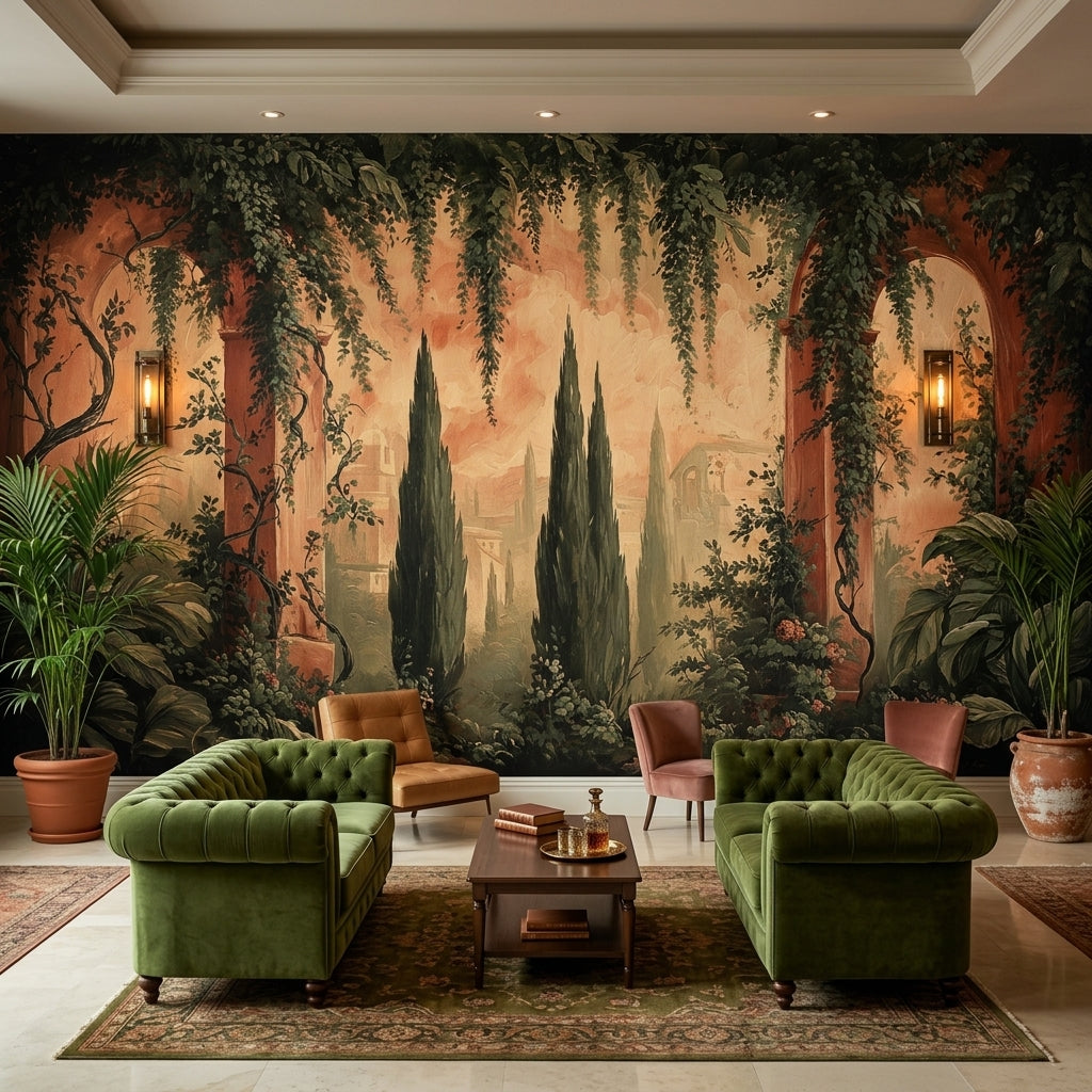 Vintage Tuscan Landscape Peel and Stick Wallpaper – scale reference, Golden Era Walls