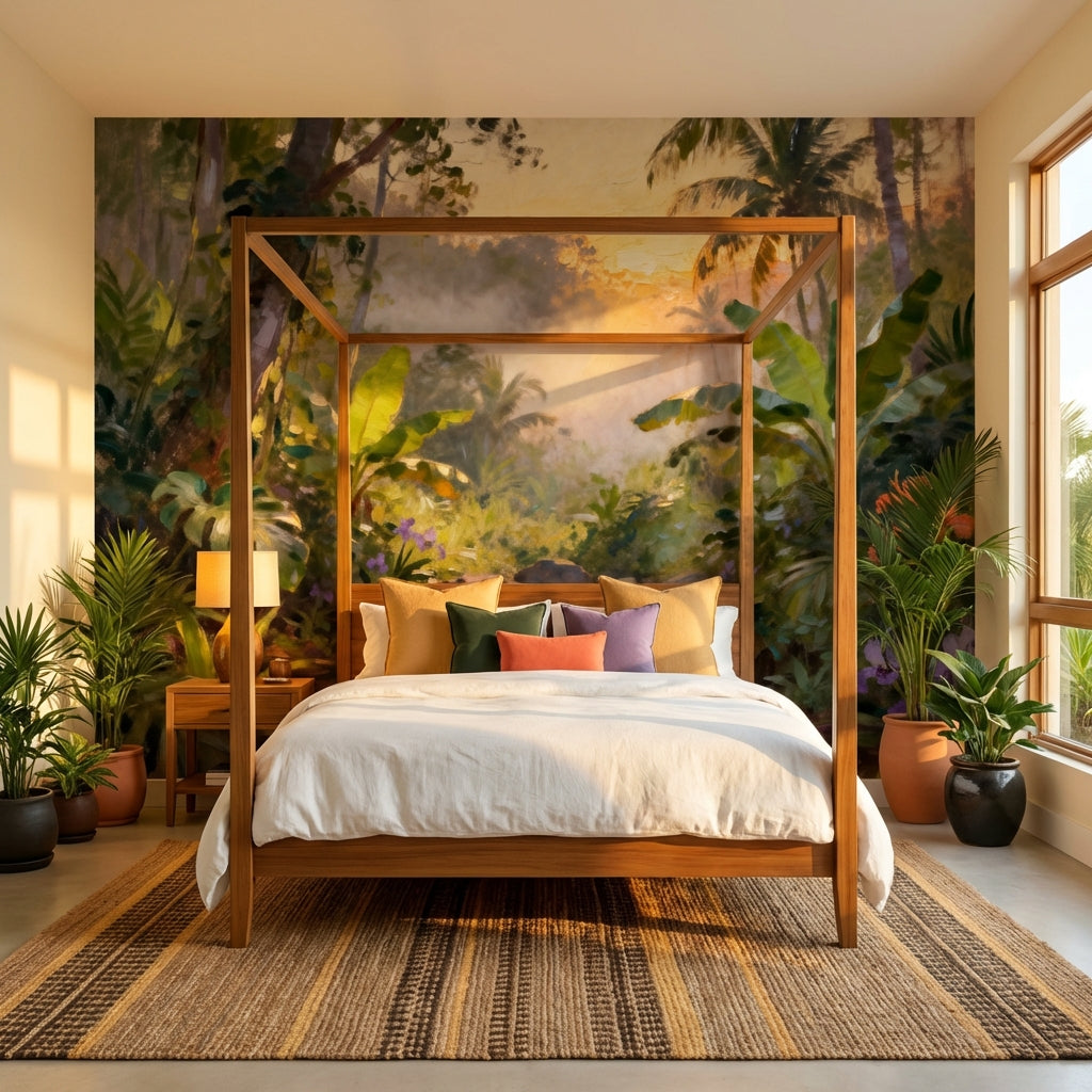 Impressionist Sunrise Tropical River Mural Lush Palms and Orchids – peel and stick wallpaper mural, Golden Era Walls