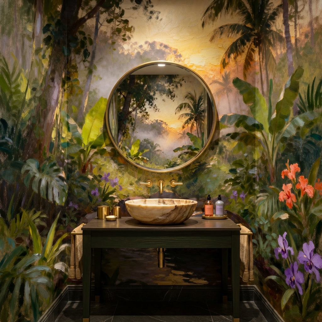 Impressionist Sunrise Tropical River Mural Lush Palms and Orchids – room setting, Golden Era Walls