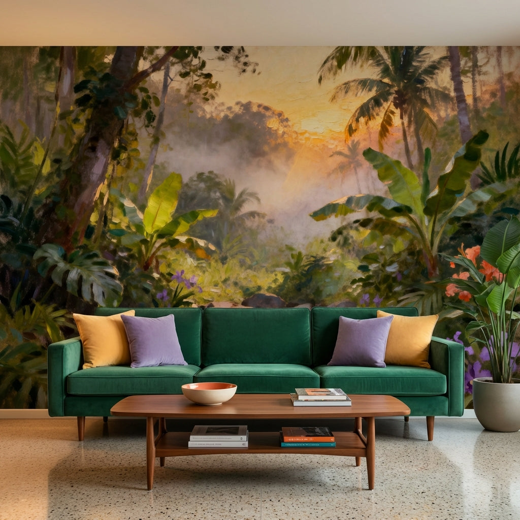 Impressionist Sunrise Tropical River Mural Lush Palms and Orchids – lifestyle view, Golden Era Walls