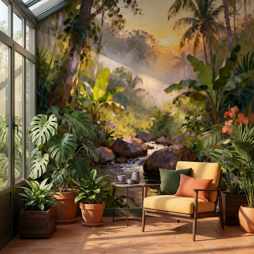 Impressionist Sunrise Tropical River Mural Lush Palms and Orchids – detail view, Golden Era Walls