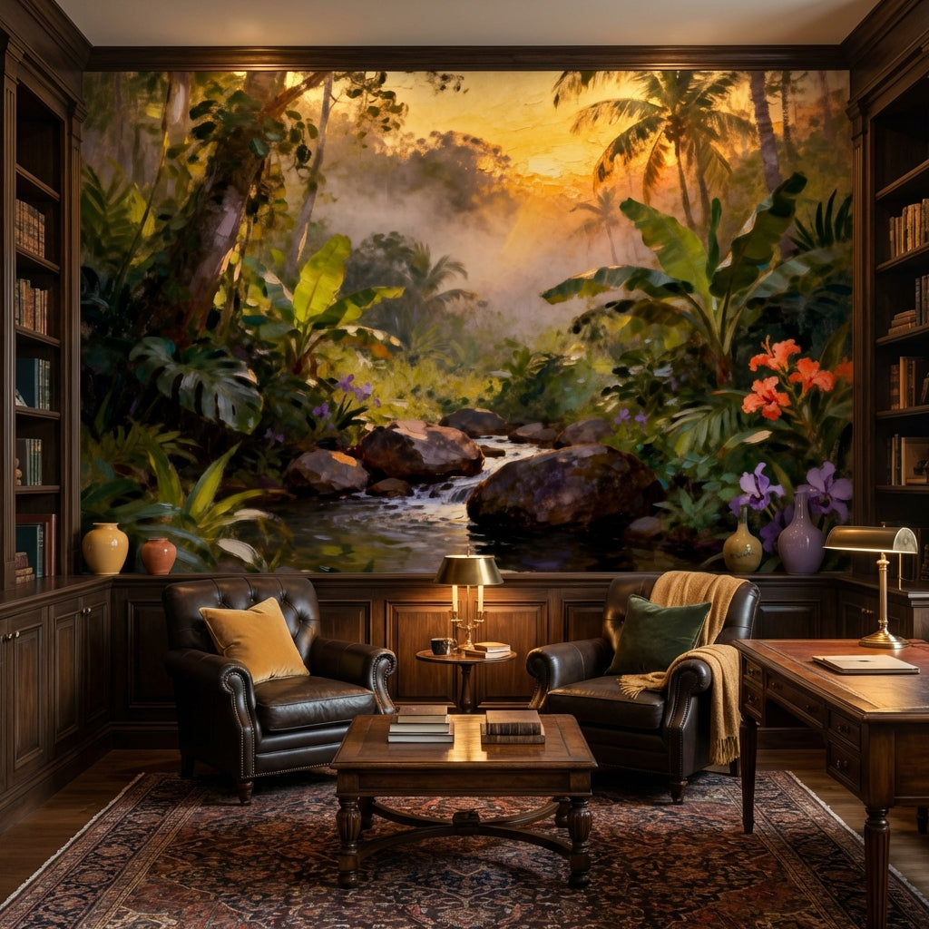 Impressionist Sunrise Tropical River Mural Lush Palms and Orchids – scale reference, Golden Era Walls