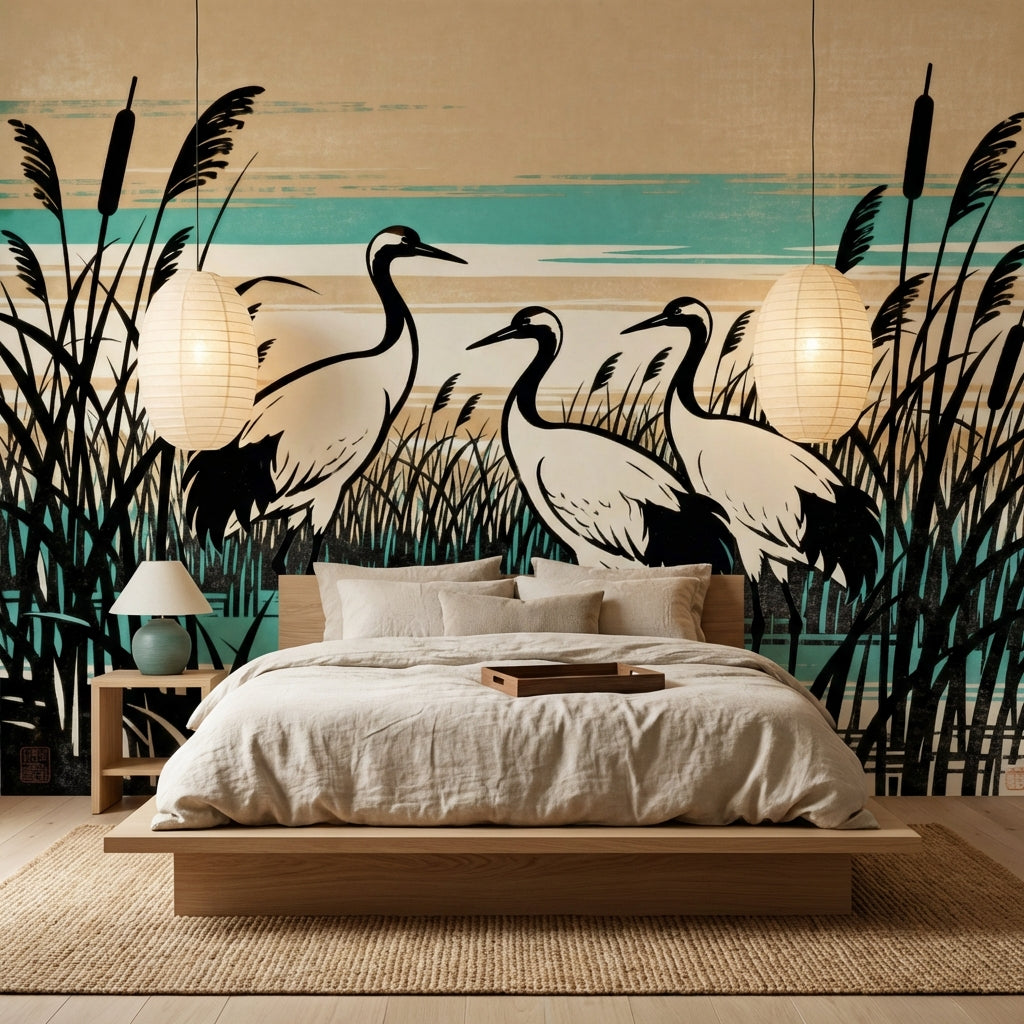Japanese Woodblock Crane Mural Japandi Wetland Sanctuary – peel and stick wallpaper mural, Golden Era Walls