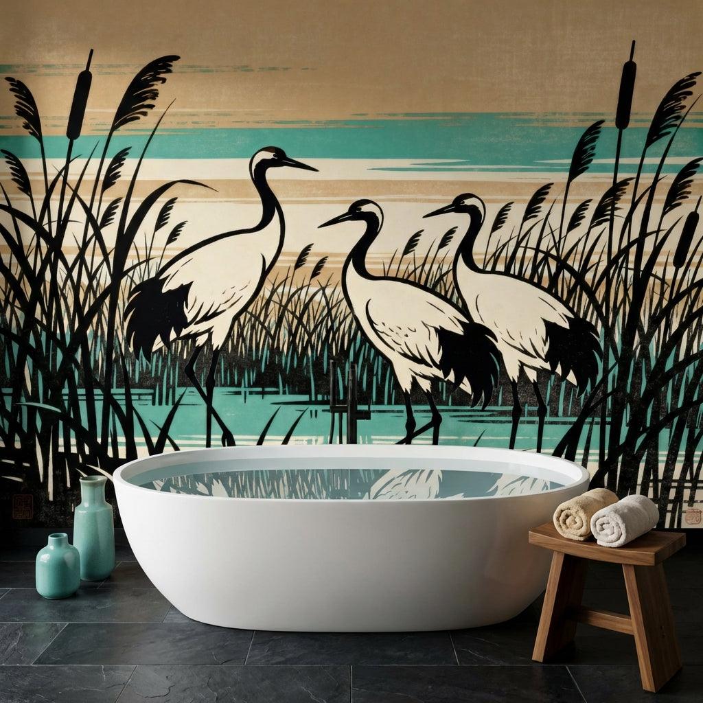Japanese Woodblock Crane Mural Japandi Wetland Sanctuary – room setting, Golden Era Walls