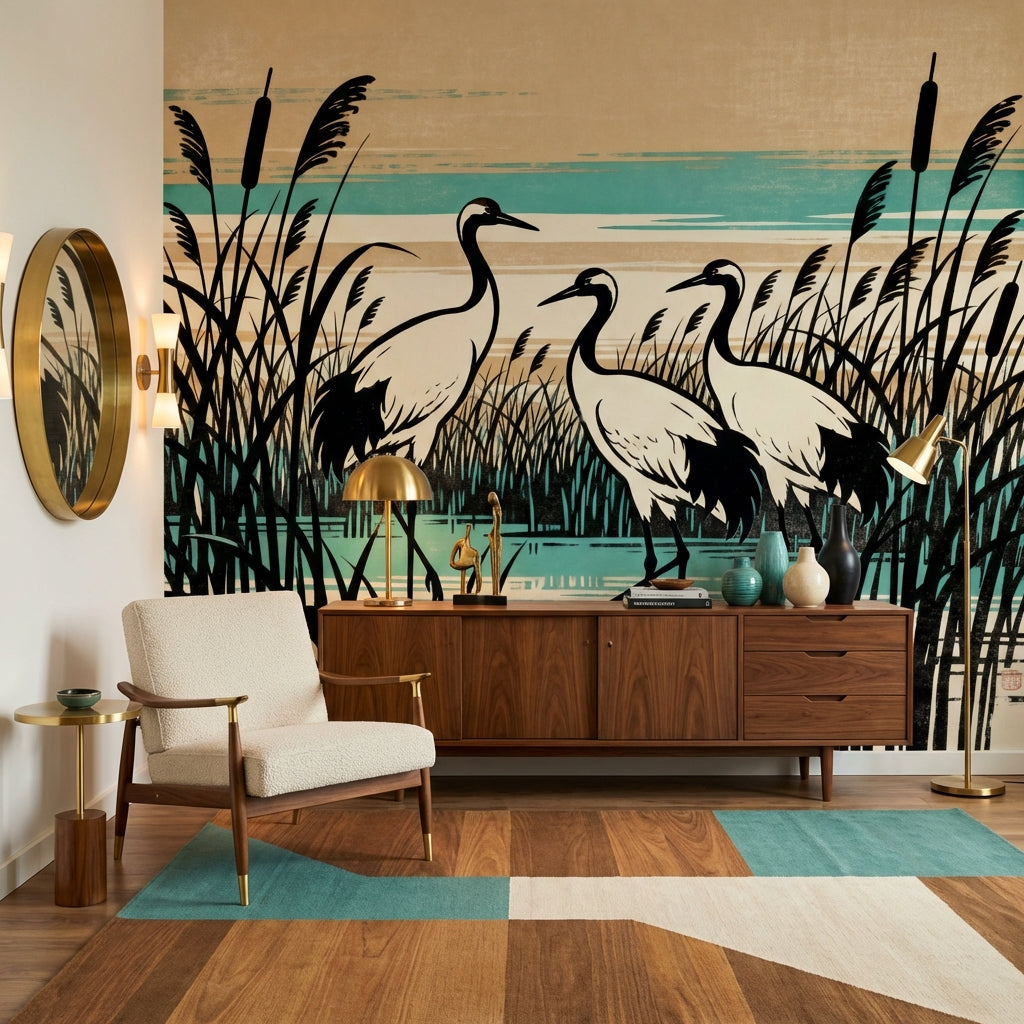 Japanese Woodblock Crane Mural Japandi Wetland Sanctuary – lifestyle view, Golden Era Walls
