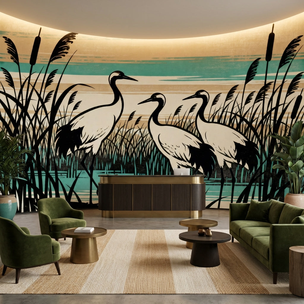 Japanese Woodblock Crane Mural Japandi Wetland Sanctuary – detail view, Golden Era Walls