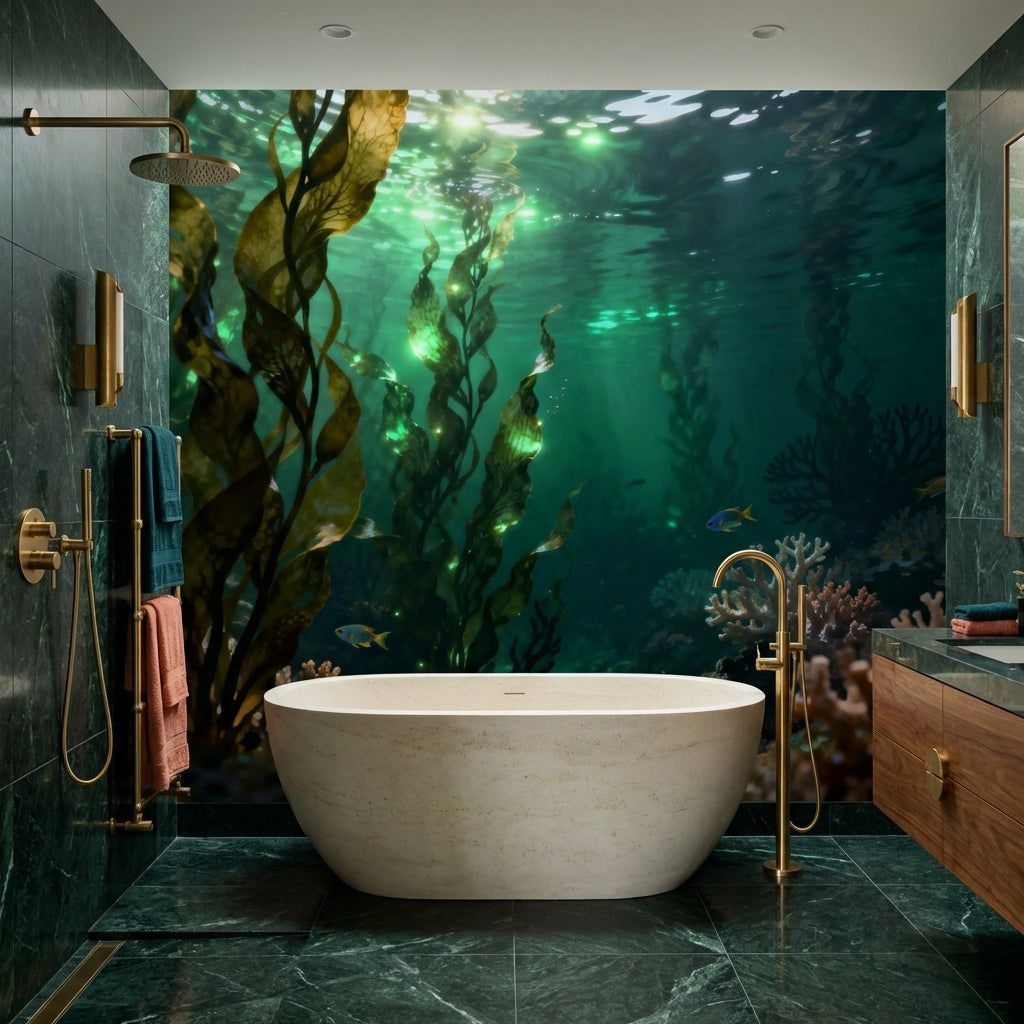 Luminous Kelp Forest Sanctuary Mural Bioluminescent Underwater Wallpaper – peel and stick wallpaper mural, Golden Era Walls