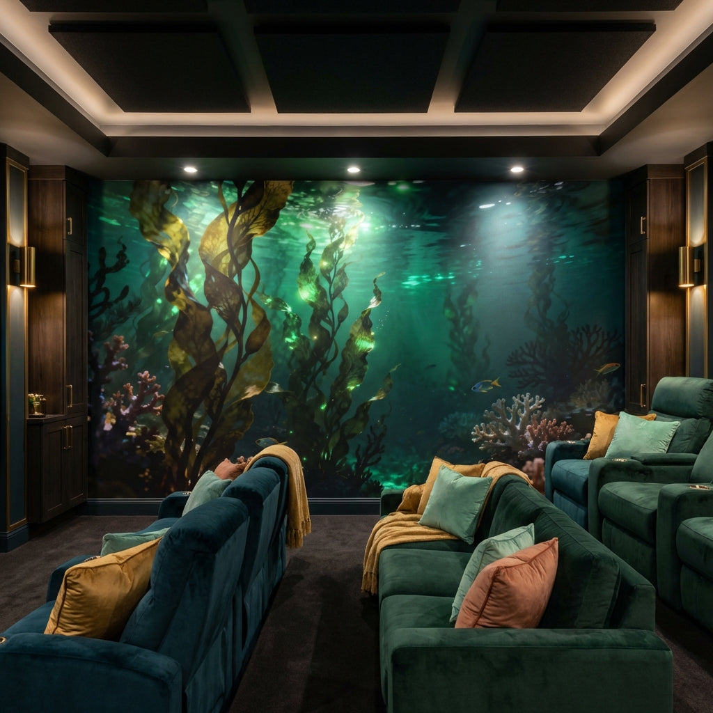 Luminous Kelp Forest Sanctuary Mural Bioluminescent Underwater Wallpaper – room setting, Golden Era Walls