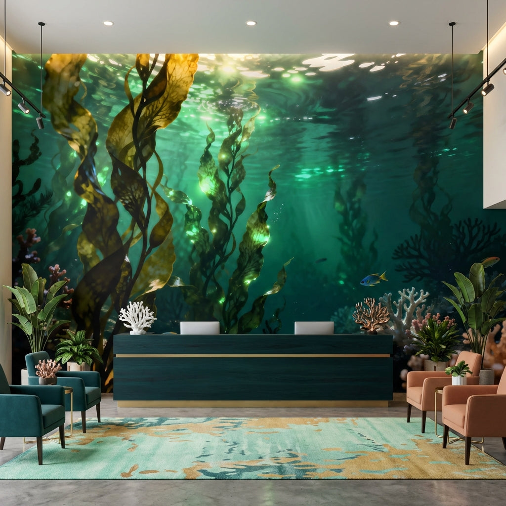 Luminous Kelp Forest Sanctuary Mural Bioluminescent Underwater Wallpaper – lifestyle view, Golden Era Walls