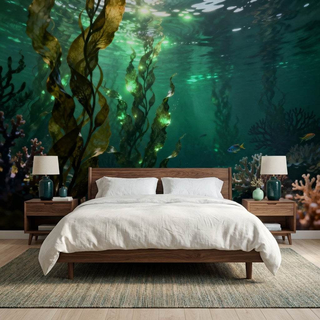 Luminous Kelp Forest Sanctuary Mural Bioluminescent Underwater Wallpaper – detail view, Golden Era Walls