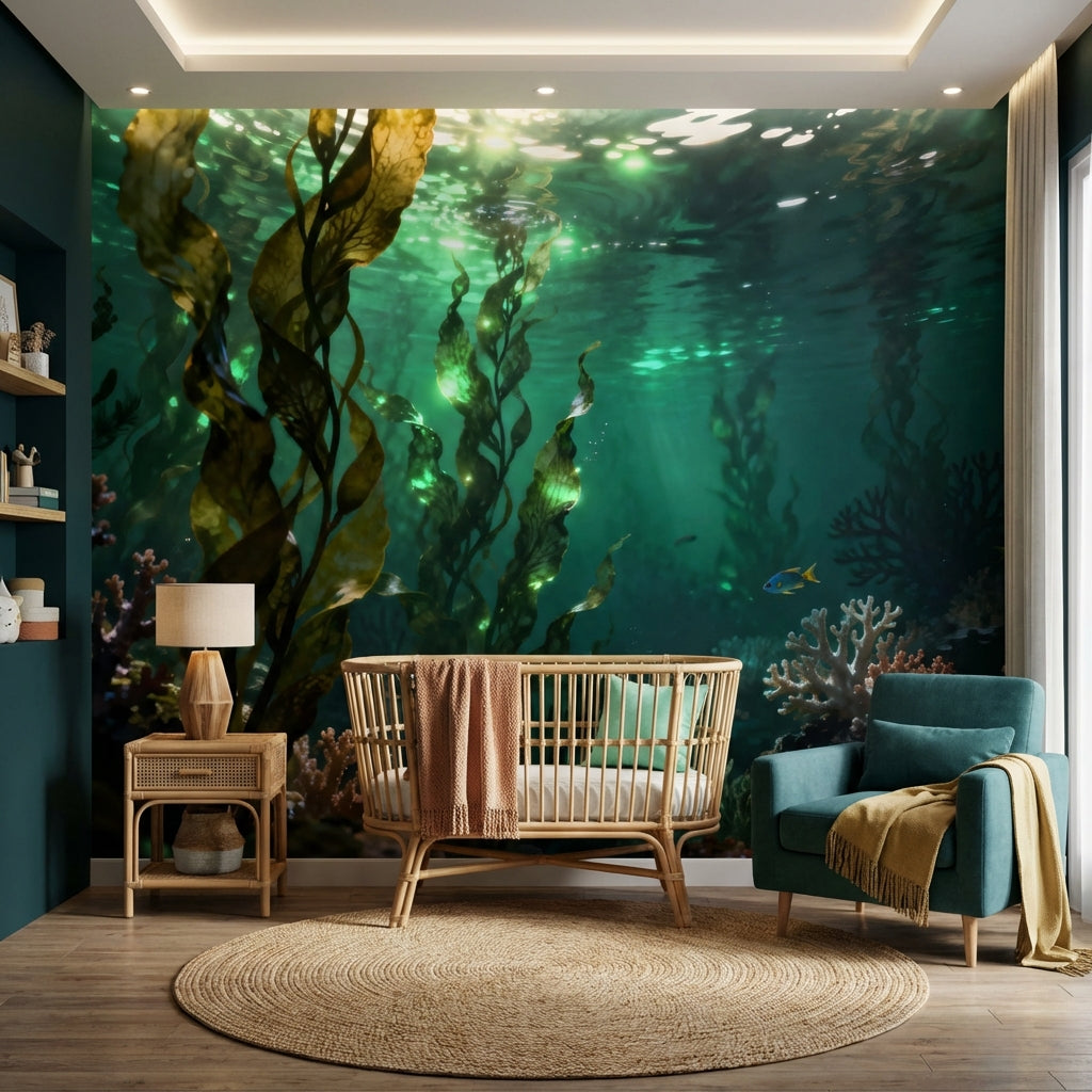 Luminous Kelp Forest Sanctuary Mural Bioluminescent Underwater Wallpaper – scale reference, Golden Era Walls