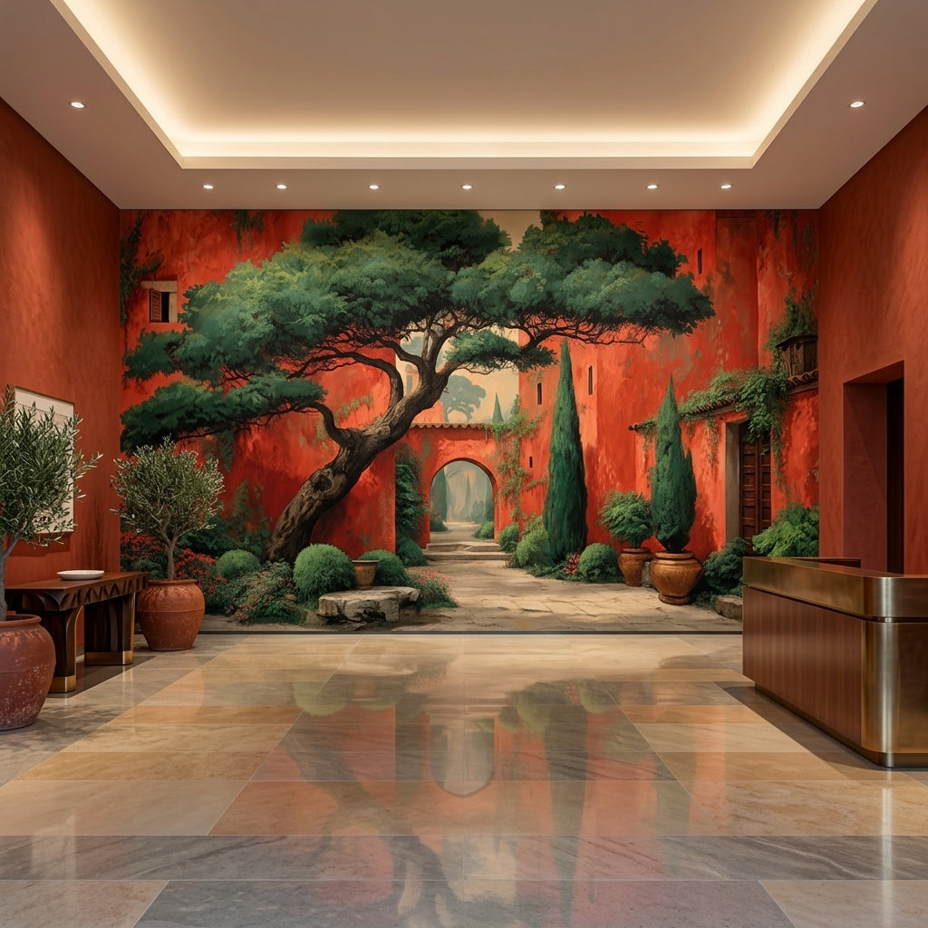 Italian Terracotta Courtyard Fresco Wallpaper Mediterranean Villa – lifestyle view, Golden Era Walls