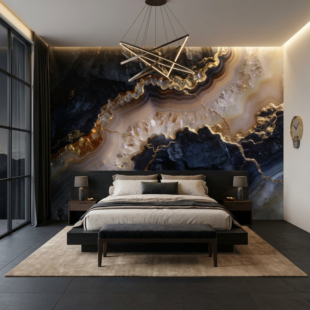 Midnight Obsidian and Gold Vein Agate Wallpaper Geode Crystal Marble – room setting, Golden Era Walls
