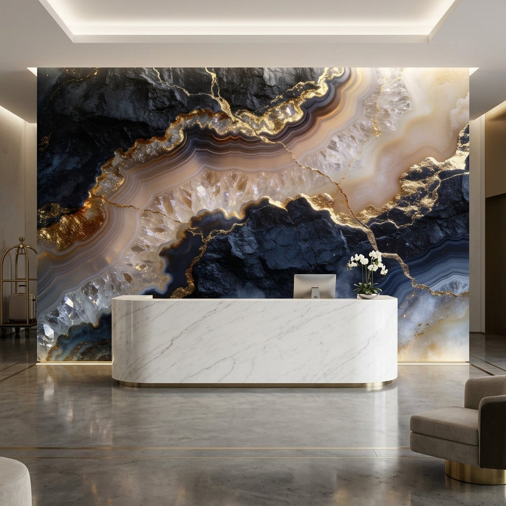 Midnight Obsidian and Gold Vein Agate Wallpaper Geode Crystal Marble – lifestyle view, Golden Era Walls