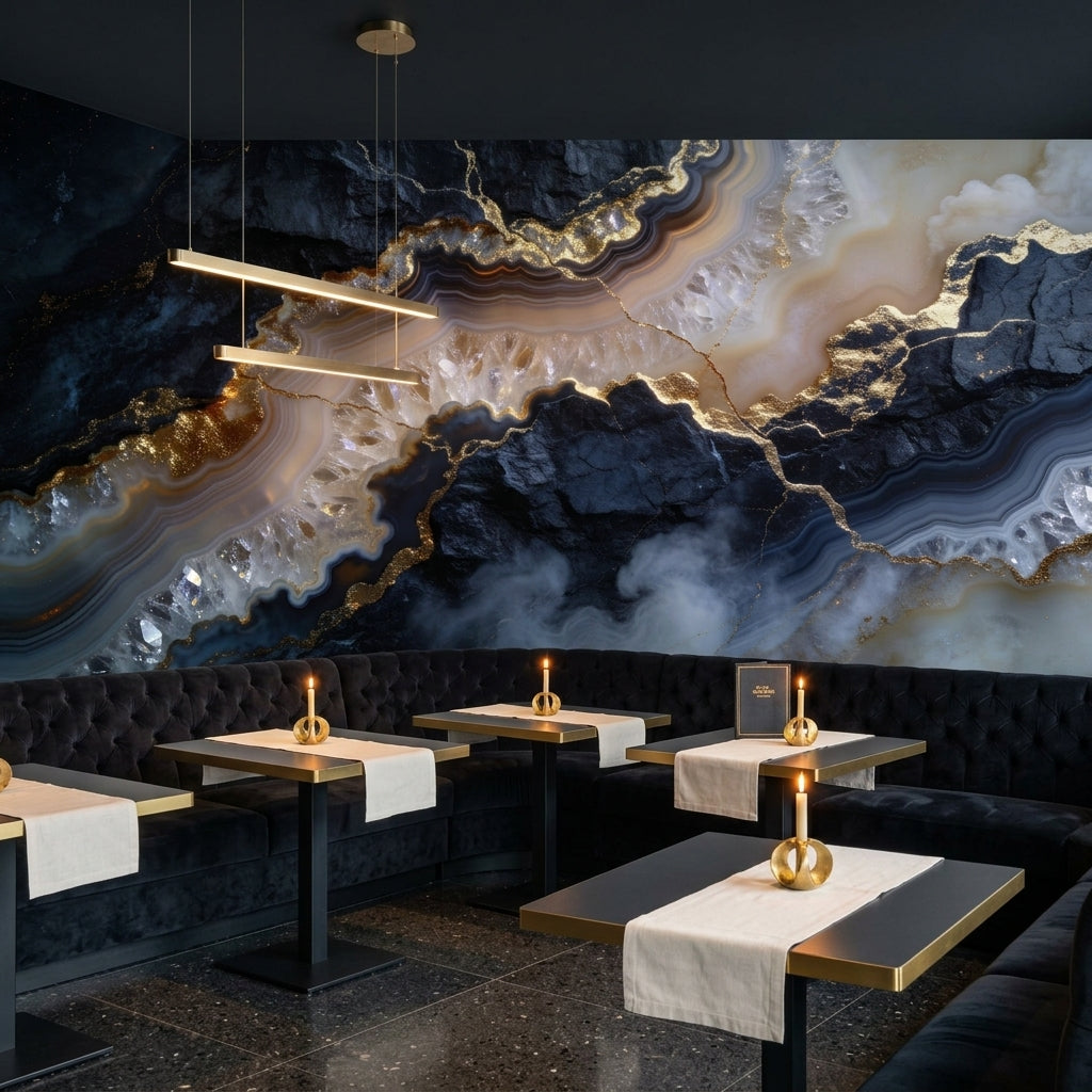 Midnight Obsidian and Gold Vein Agate Wallpaper Geode Crystal Marble – detail view, Golden Era Walls