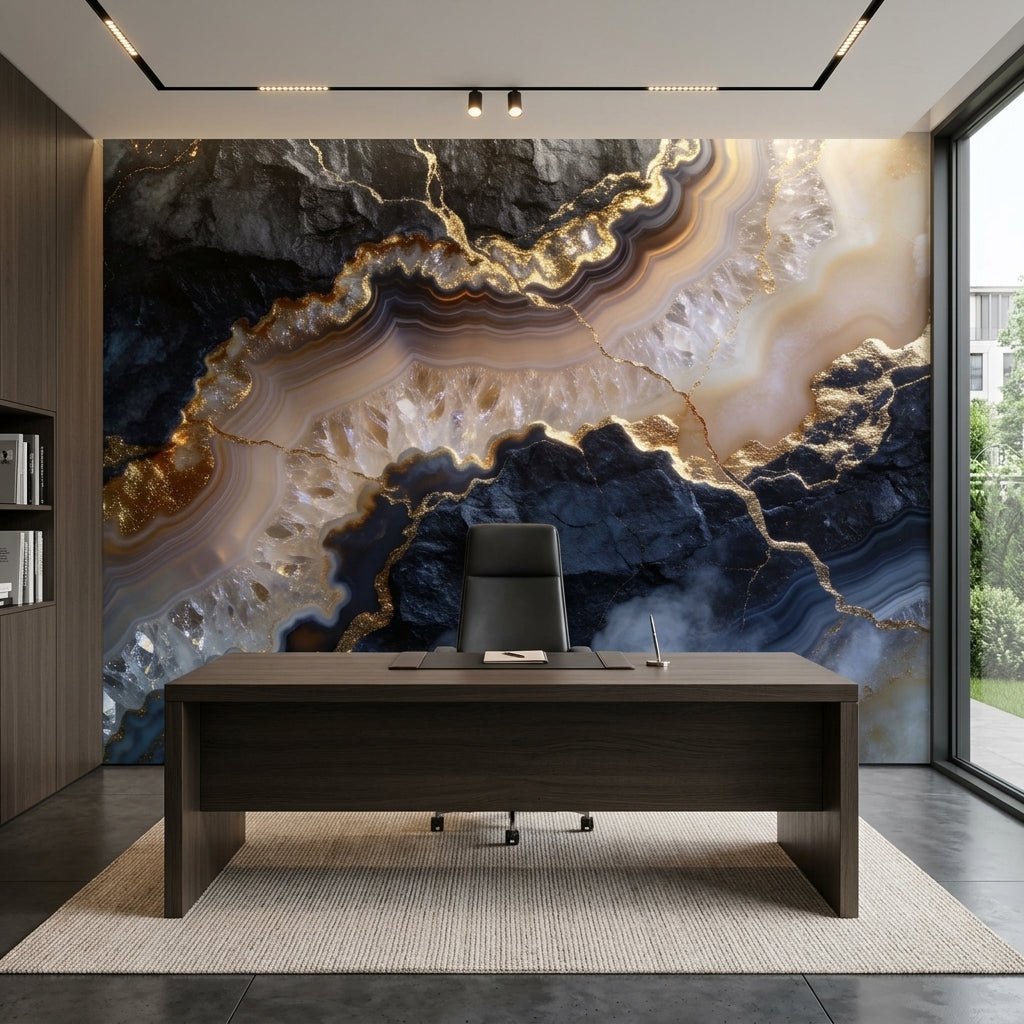 Midnight Obsidian and Gold Vein Agate Wallpaper Geode Crystal Marble – scale reference, Golden Era Walls