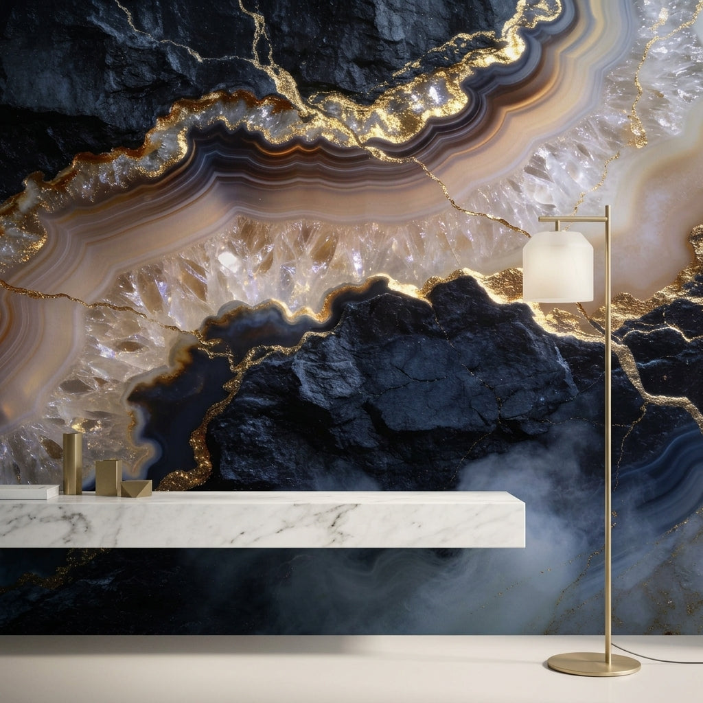 Midnight Obsidian and Gold Vein Agate Wallpaper Geode Crystal Marble – alternate view, Golden Era Walls