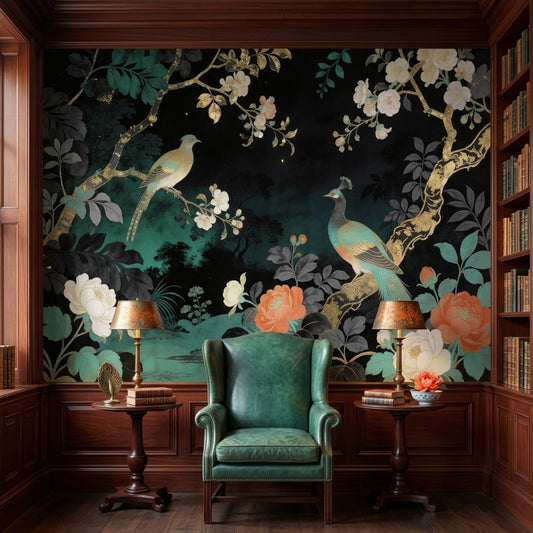 Moody Emerald Chinoiserie Peacock Wallpaper Dark Floral Gold Branch Mural
