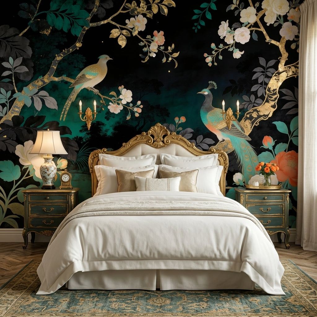 Moody Emerald Chinoiserie Peacock Wallpaper Dark Floral Gold Branch – room setting, Golden Era Walls