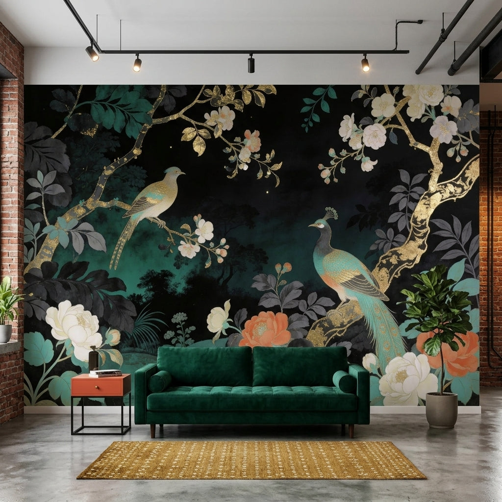 Moody Emerald Chinoiserie Peacock Wallpaper Dark Floral Gold Branch – lifestyle view, Golden Era Walls