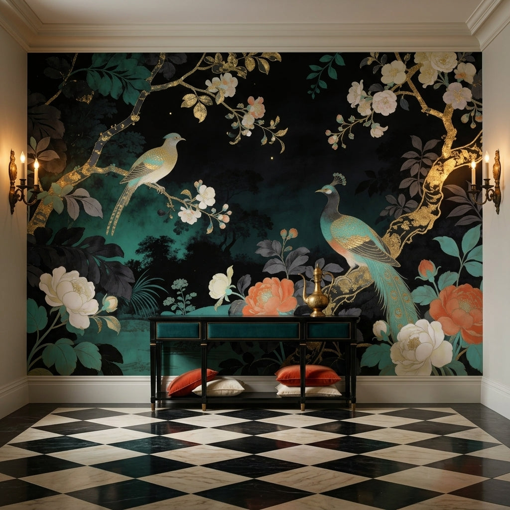 Moody Emerald Chinoiserie Peacock Wallpaper Dark Floral Gold Branch – detail view, Golden Era Walls