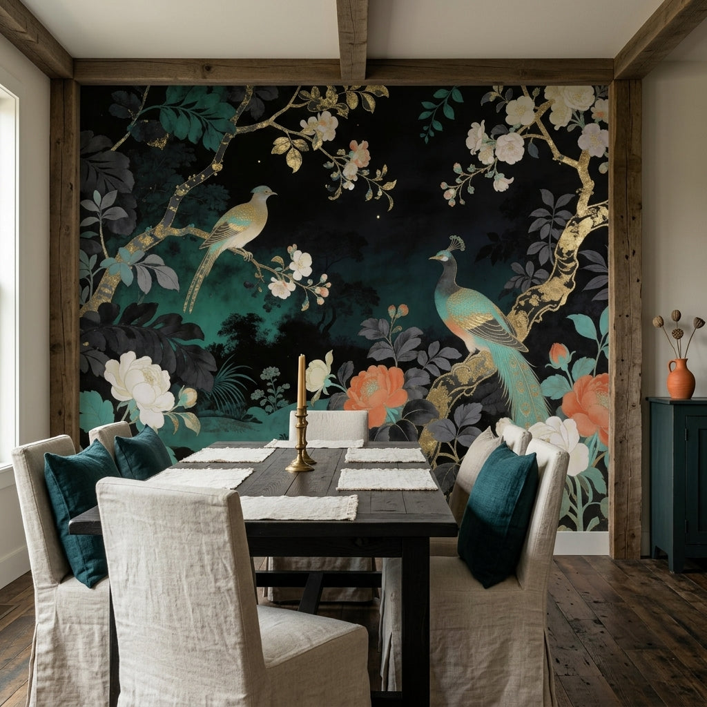 Moody Emerald Chinoiserie Peacock Wallpaper Dark Floral Gold Branch – scale reference, Golden Era Walls