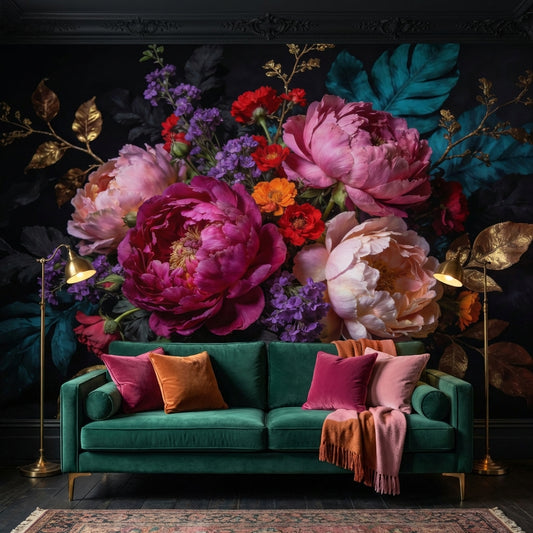 Midnight Baroque Peony Mural Dark Floral Wallpaper Gold Leaf – peel and stick wallpaper mural, Golden Era Walls