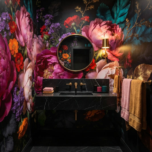 Midnight Baroque Peony Mural Dark Floral Wallpaper Gold Leaf – room setting, Golden Era Walls