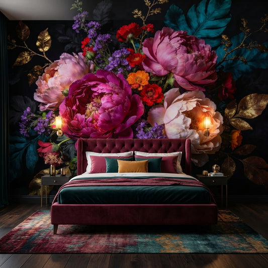 Midnight Baroque Peony Mural Dark Floral Wallpaper Gold Leaf – lifestyle view, Golden Era Walls
