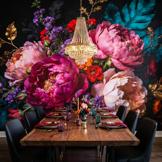 Midnight Baroque Peony Mural Dark Floral Wallpaper Gold Leaf – detail view, Golden Era Walls