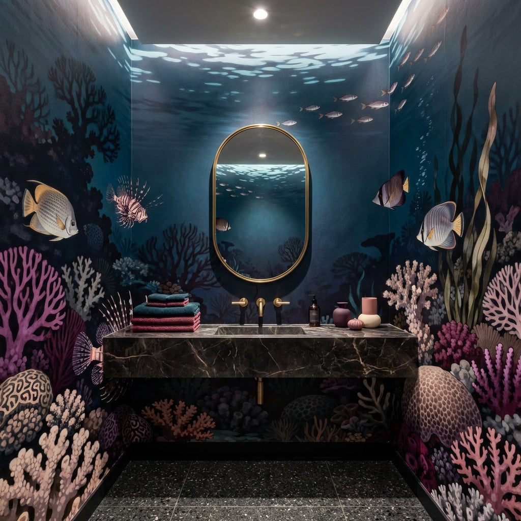 Midnight Coral Reef Sanctuary Scientific Illustration Mural Wallpaper – peel and stick wallpaper mural, Golden Era Walls
