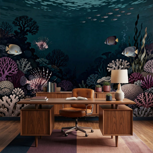Midnight Coral Reef Sanctuary Scientific Illustration Mural Wallpaper – room setting, Golden Era Walls
