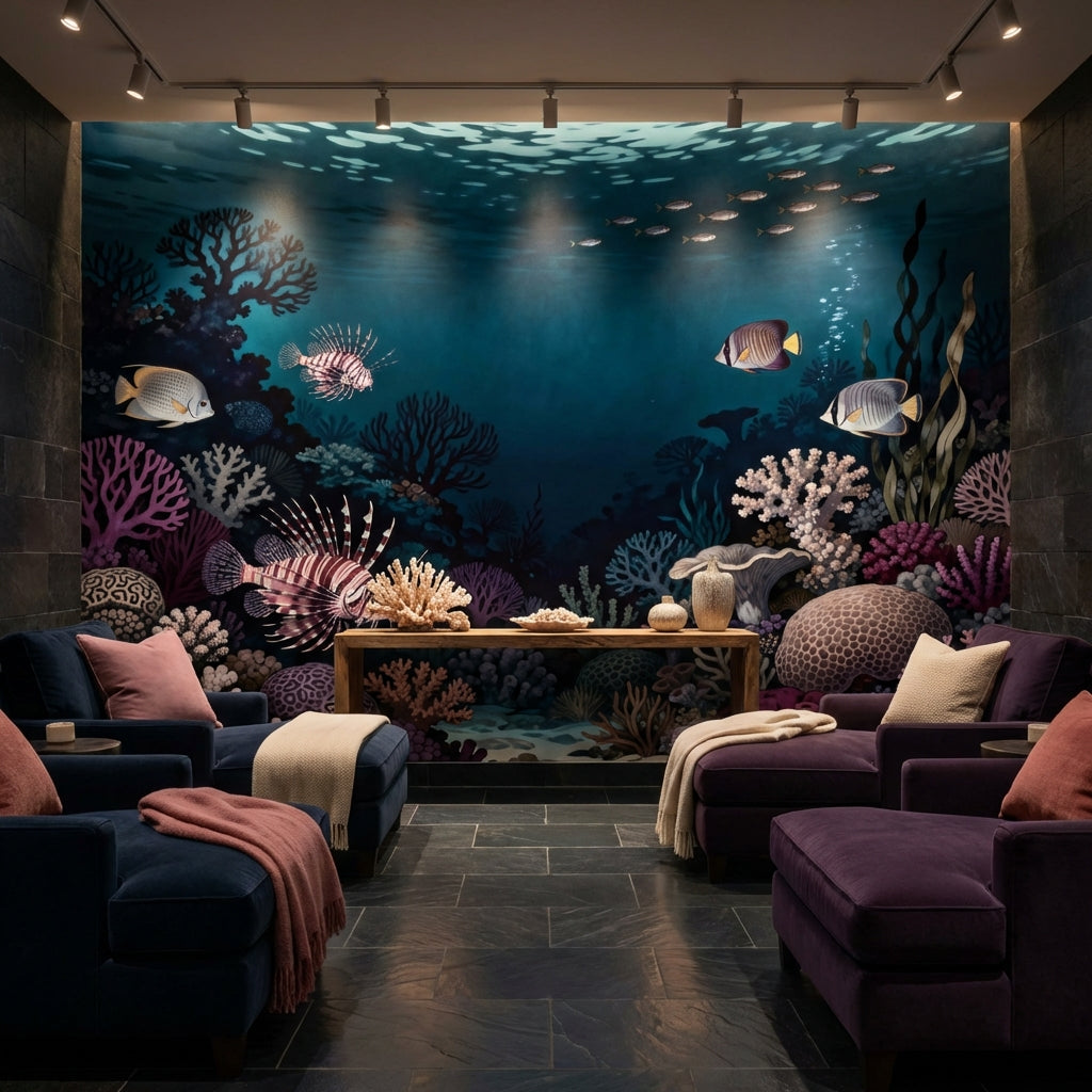 Midnight Coral Reef Sanctuary Scientific Illustration Mural Wallpaper – lifestyle view, Golden Era Walls