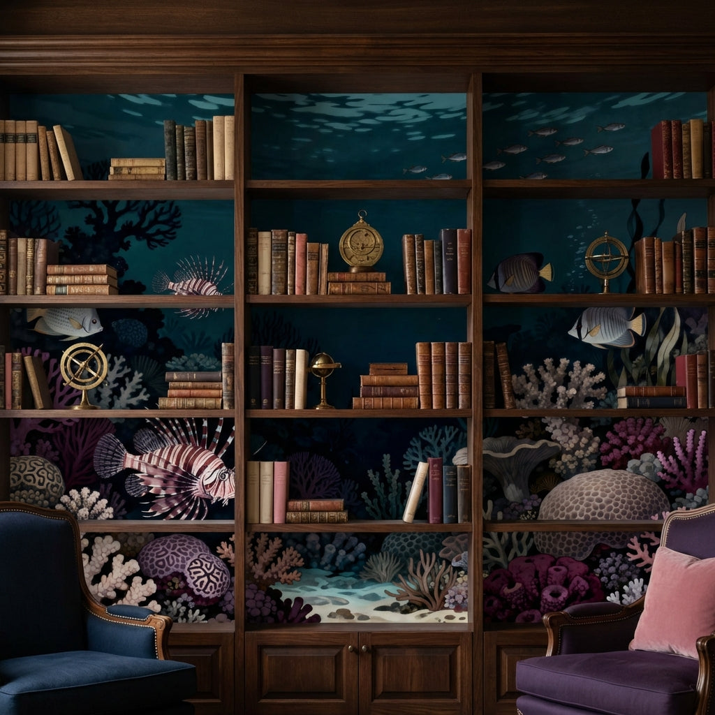 Midnight Coral Reef Sanctuary Scientific Illustration Mural Wallpaper – scale reference, Golden Era Walls