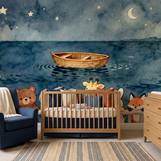 Midnight Voyage Watercolor Nursery Mural Sleepy Ocean Animals – peel and stick wallpaper mural, Golden Era Walls
