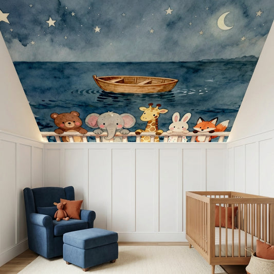 Midnight Voyage Watercolor Nursery Mural Sleepy Ocean Animals – room setting, Golden Era Walls