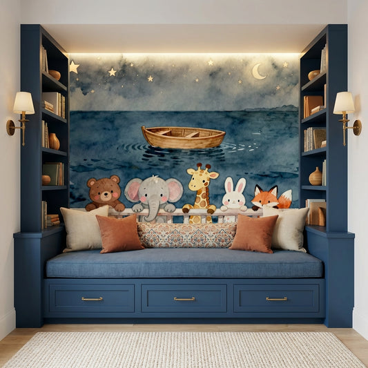 Midnight Voyage Watercolor Nursery Mural Sleepy Ocean Animals – lifestyle view, Golden Era Walls
