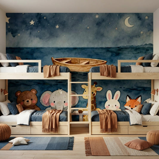 Midnight Voyage Watercolor Nursery Mural Sleepy Ocean Animals – detail view, Golden Era Walls