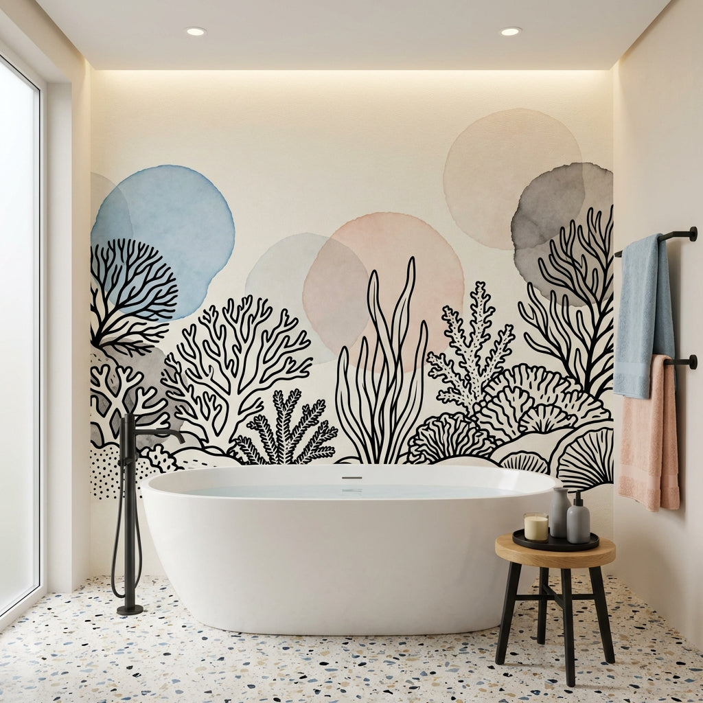 Minimalist Coral Reef Watercolor Mural Japandi Coastal Nursery – room setting, Golden Era Walls