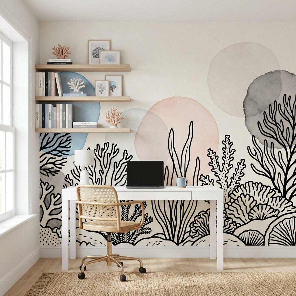 Minimalist Coral Reef Watercolor Mural Japandi Coastal Nursery – lifestyle view, Golden Era Walls