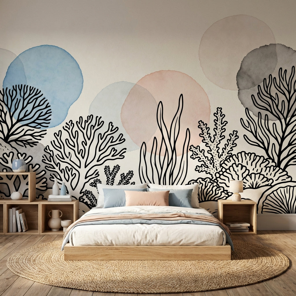 Minimalist Coral Reef Watercolor Mural Japandi Coastal Nursery – detail view, Golden Era Walls
