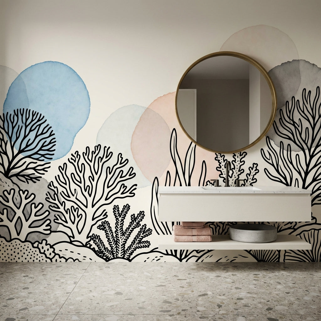 Minimalist Coral Reef Watercolor Mural Japandi Coastal Nursery – scale reference, Golden Era Walls
